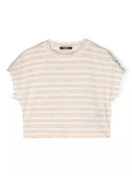 Balmain Kids полосатая футболка с логотипом, нейтральный цвет