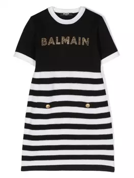 Balmain Kids полосатое платье с кристаллами, черный