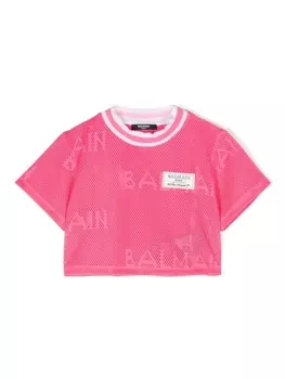 Balmain Kids сетчатая футболка с нашивкой-логотипом, розовый