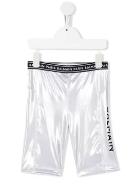 Balmain Kids шорты с эффектом металлик и логотипом, серебристый