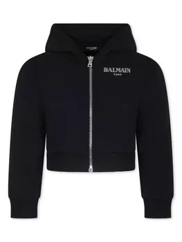 Balmain Kids толстовка с капюшоном и застежкой-молнией, вышитым логотипом, черный