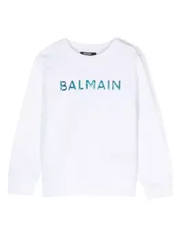 Balmain Kids толстовка с круглым вырезом и вышитым логотипом, белый