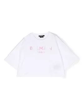 Balmain Kids укороченная футболка с логотипом, белый