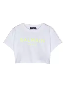 Balmain Kids укороченная футболка с логотипом, белый