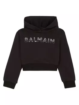 Balmain Kids укороченное худи с логотипом из пайеток, черный
