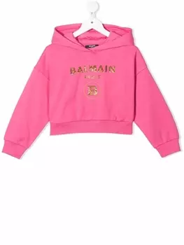 Balmain Kids укороченное худи с логотипом, розовый