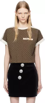 Balmain Коричневая мини-футболка с монограммой