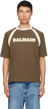 Balmain Коричневая мини-футболка с монограммой в стиле ретро