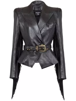 Balmain кожаный пиджак Jolie Madame с бахромой, черный