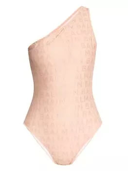 Balmain купальник на одно плечо с принтом логотипа, розовый