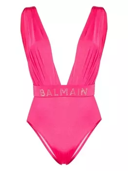 Balmain купальник с драпировкой и стразами, розовый