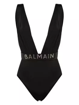 Balmain купальник с драпировкой и стразами, черный