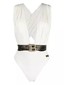 Balmain купальник с глубоким вырезом и логотипом, белый