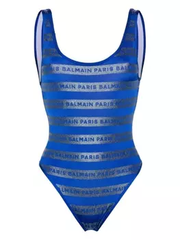 Balmain купальник с логотипом и блестками, синий