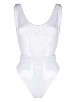 Balmain купальник с логотипом и блестками, белый