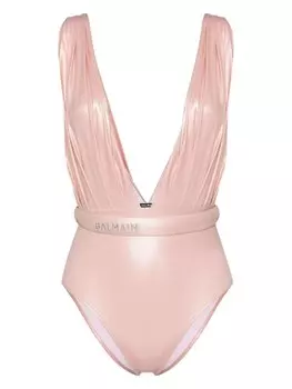 Balmain купальник с вышитым логотипом и драпировкой, розовый