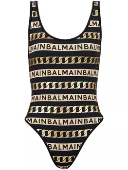 Balmain купальник в полоску с логотипом, черный