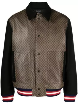 Balmain logo-appliqu panelled teddy bomber jacket, коричневый