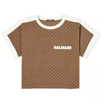 Balmain mini укороченная футболка с монограммой, коричневый