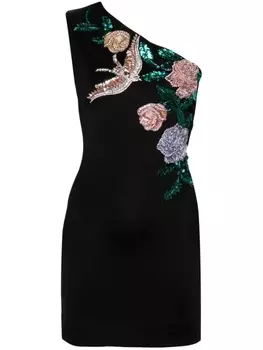 Balmain платье асимметричного кроя с цветочной вышивкой, черный