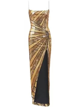 Balmain платье макси с пайетками, золотой