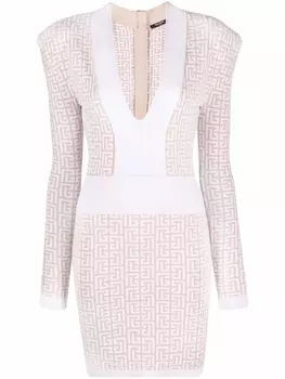 Balmain платье с длинными рукавами и монограммой, нейтральный цвет