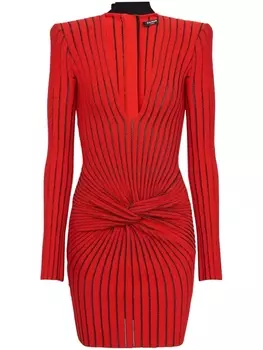 Balmain платье в рубчик с длинными рукавами, красный