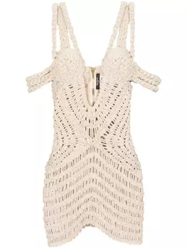 Balmain платье в технике макраме с открытыми плечами, нейтральный цвет
