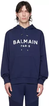 Balmain Темно-синее худи с принтом