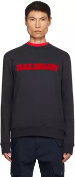Balmain Темно-синий свитшот с флокированным узором в стиле ретро