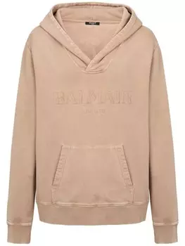 Balmain толстовка с капюшоном из хлопка с вышитым логотипом и V-образным вырезом, нейтральный цвет