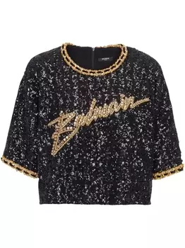 Balmain топ с вышитым логотипом и пайетками
