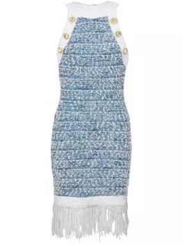 Balmain твидовое платье мини с бахромой, синий