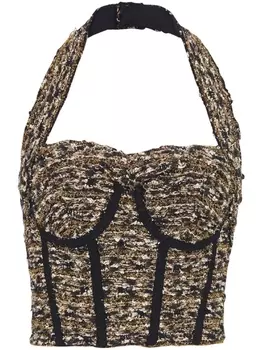 Balmain твидовый топ с вырезом халтер, золотистый