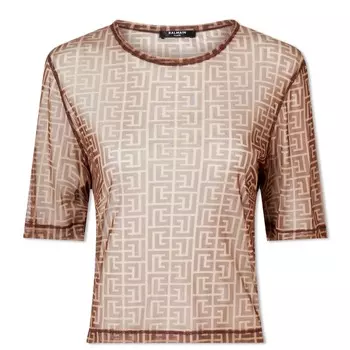 Balmain Укороченная футболка из тюля с логотипом Allover Monogram, бежевый/коричневый