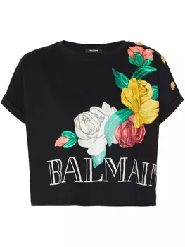 Balmain укороченная футболка с принтом, черный