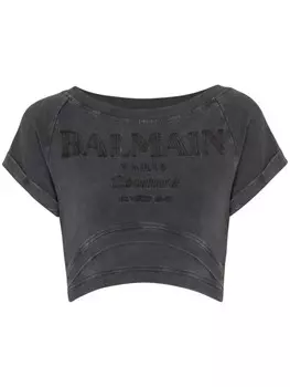 Balmain укороченная футболка с вышивкой Couture, серый