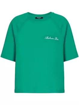 Balmain укороченная футболка с вышивкой Signature, зеленый