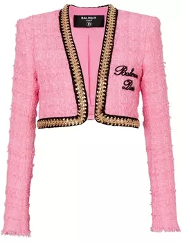 Balmain укороченный твидовый жакет с цепочками, розовый