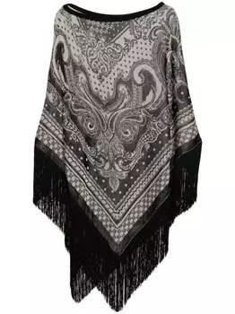 Balmain жаккардовое пончо с бахромой и монограммой, черный