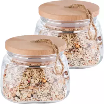 Банка для хранения APS «Woody» (2 шт.), с деревянной крышкой, 1 л, цвет transparent/natur
