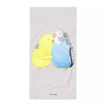 Банное полотенце Mr. & Mrs. Panda XL Budgie Love — серая пастель — подарок, партнер, объятия, доверие, объятие, влюбленность, полотенце для сауны, объятие, предложение руки и сердца, белый