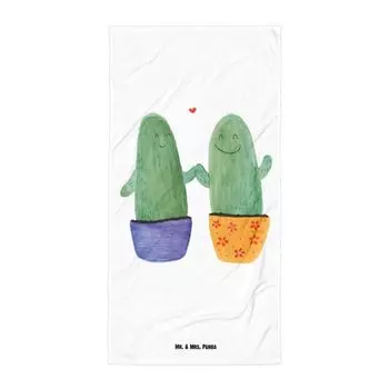Банное полотенце Mr. & Mrs. Panda XL Cactus Love - белый - подарок, свадьба, банное полотенце, полотенце для душа, пляжное полотенце, разлука, полотенце для сауны, кактусы, любовное послание, любовь кактуса