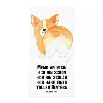 Банное полотенце Mr. & Mrs. Panda XL Corgi Po - Белый - Подарок, Любовь к себе, Ваувау, Собака, Поговорка собаки, Мотив собаки, Четвероногий друг, Милый, Корги, Мотивация, Домашнее животное, Полотенце для душа