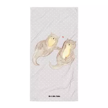 Банное полотенце Mr. & Mrs. Panda XL Otter Holding Hands - Серая пастель - Подарок, Выдра, Морская выдра Морская выдра, Полотенце для душа, Романтика, Любовь, Морская выдра, Пляжное полотенце, белый