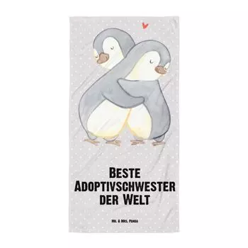 Банное полотенце Mr. & Mrs. Panda XL Penguin Лучшая приемная сестра в мире — серая пастель — подарок, семья, полотенце для душа, дарение, благодарность, полотенце для сауны, спасибо, подарочный совет, белый