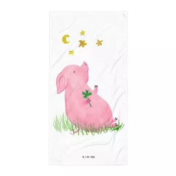 Банное полотенце Mr. & Mrs. Panda XL Pig Lucky — белое — подарок, банное полотенце, серенхен, полотенце для сауны, хорошее настроение, полотенце для душа, животные мотивы, забавные высказывания, счастливая свинья. Удача, белый