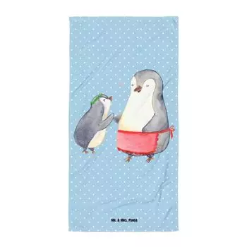 Банное полотенце Mr. & Mrs. Panda XL с ребенком - синяя пастель - подарок, маме, любимая мама, сестра, мама, спасибо мама, лучшая мама, банное полотенце, День матери, белый
