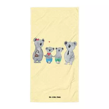 Банное полотенце Mr. & Mrs. Panda XL Семья коал два - желтая пастель - подарок, любимая семья, семейная жизнь, дедушка, полотенце для сауны, брат, семья коал, День матери, папа, белый