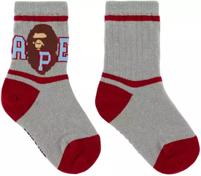 BAPE Kids Серые полосатые носки с изображением головы обезьяны